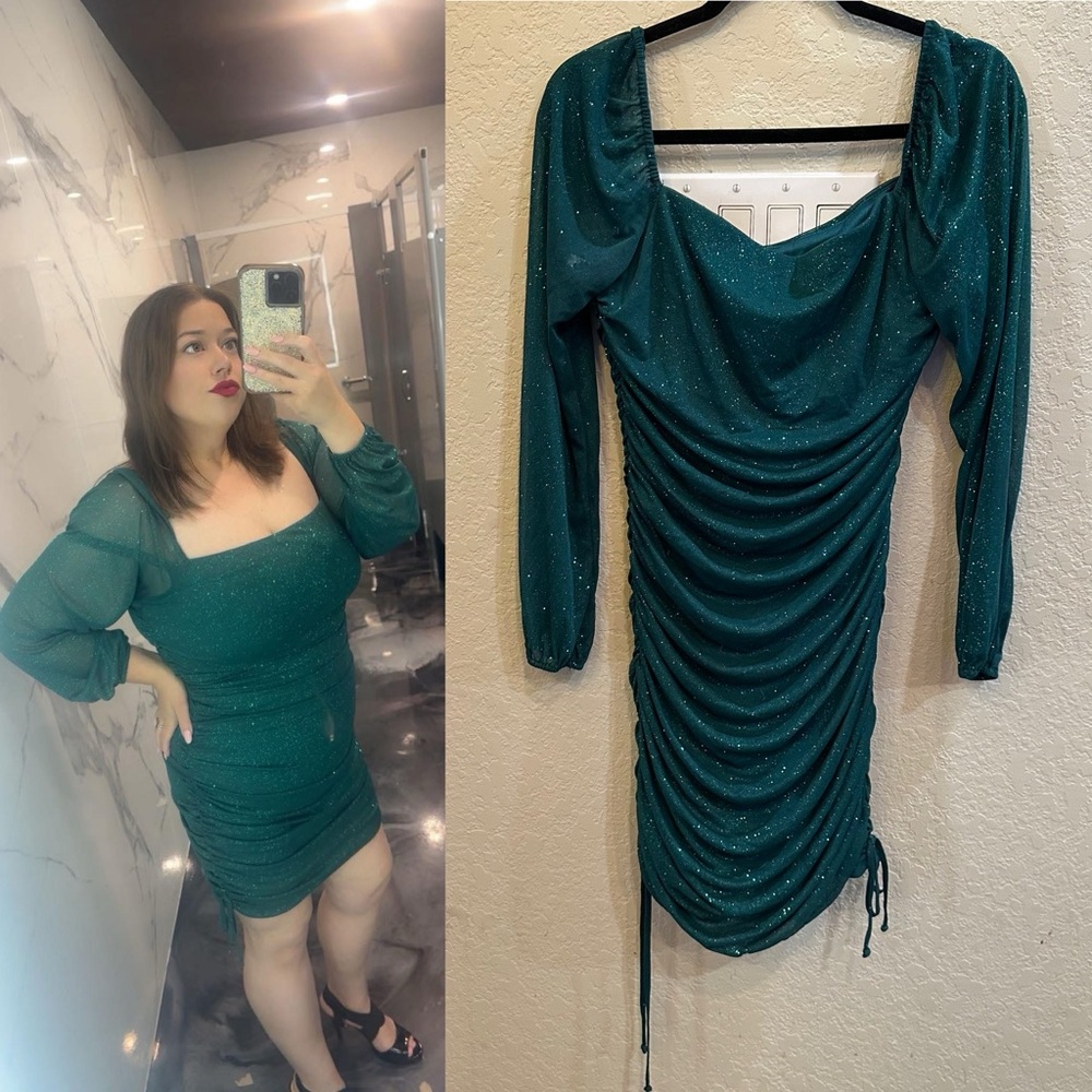 Jump Apparel XL Green Glitter Ruched Mesh Mini Bodycon Long Sleeve Holiday Dress - Picture 2 of 9